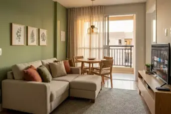 Sala de estar moderna com sofá bege, mesa de jantar e televisão, após pintura com um acabamento perfeito.