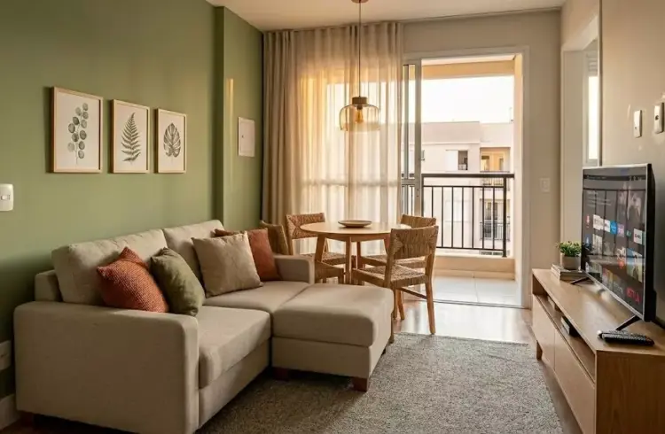 Sala de estar moderna com sofá bege, mesa de jantar e televisão, após pintura com um acabamento perfeito.