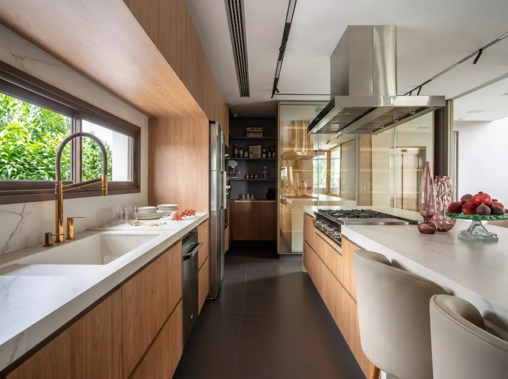 Design de cozinha moderna com detalhes em vidro reflecta, mobiliário em madeira e acabamento elegante, projeto de Meneghisso & Pasquotto Arquitetura.