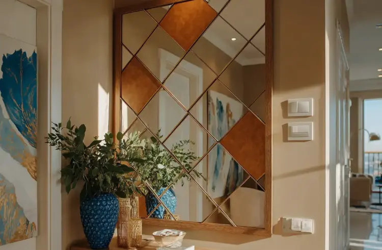 Corredor com espelho decorativo na parede, refletindo parte da sala de estar, com detalhes em madeira e plantas verdes ao lado