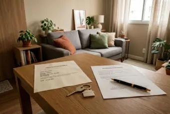 Uma mesa com uma caneta e papel, incluindo documentos de declaração e comprovante de residência