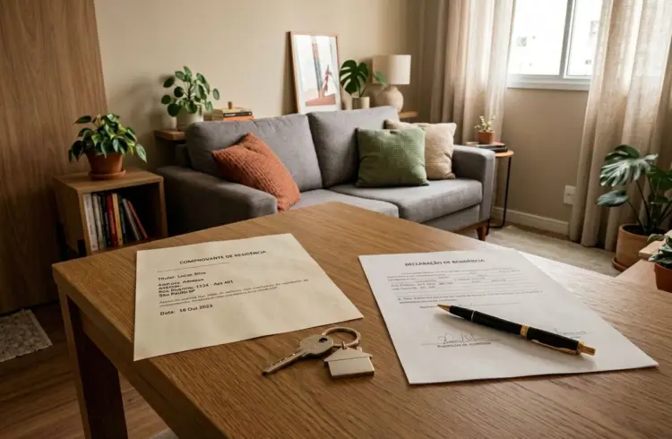 Uma mesa com uma caneta e papel, incluindo documentos de declaração e comprovante de residência