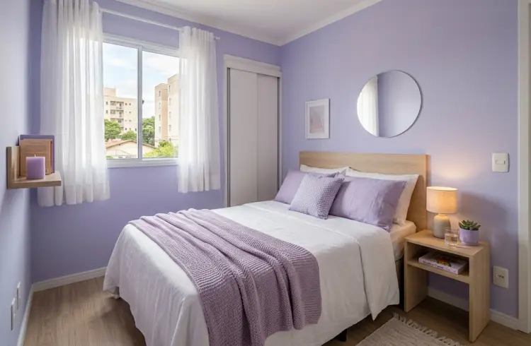 Quarto decorado com cores suaves de lilás e branco, destacando harmonia e tranquilidade, excelente opção para quem busca cores para o quarto.