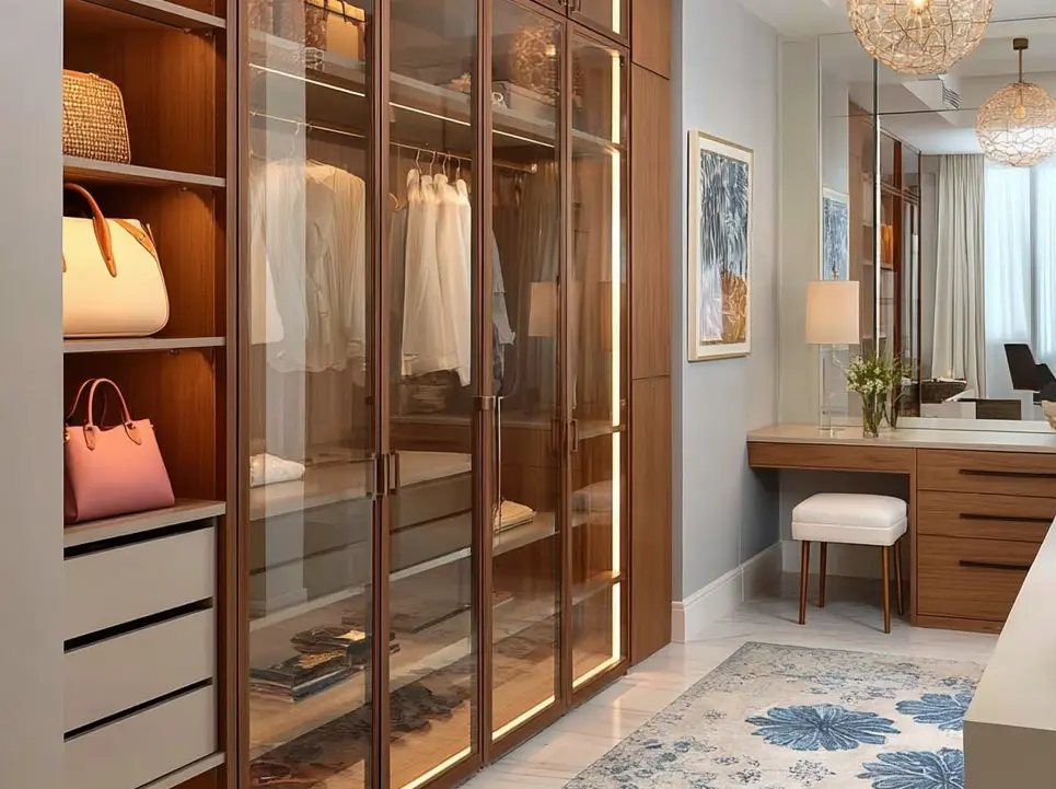 Closet de vidro refletindo a iluminação e decorando o ambiente com profundidade