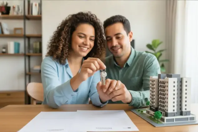 Casal sorridente segurando as chaves de um novo imóvel sobre papéis de contrato e uma maquete de prédio para o Minha Casa Minha Vida em 2026.