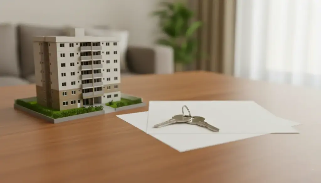 Modelagem de imóveis e contrato de aquisição representando um sonho de moradia em programa Minha Casa Minha Vida em 2026, com prédio em miniatura e chaves sobre a mesa.